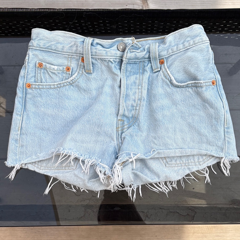 Levi’s Light Blue Denim Frayed Hem 501 Shorts